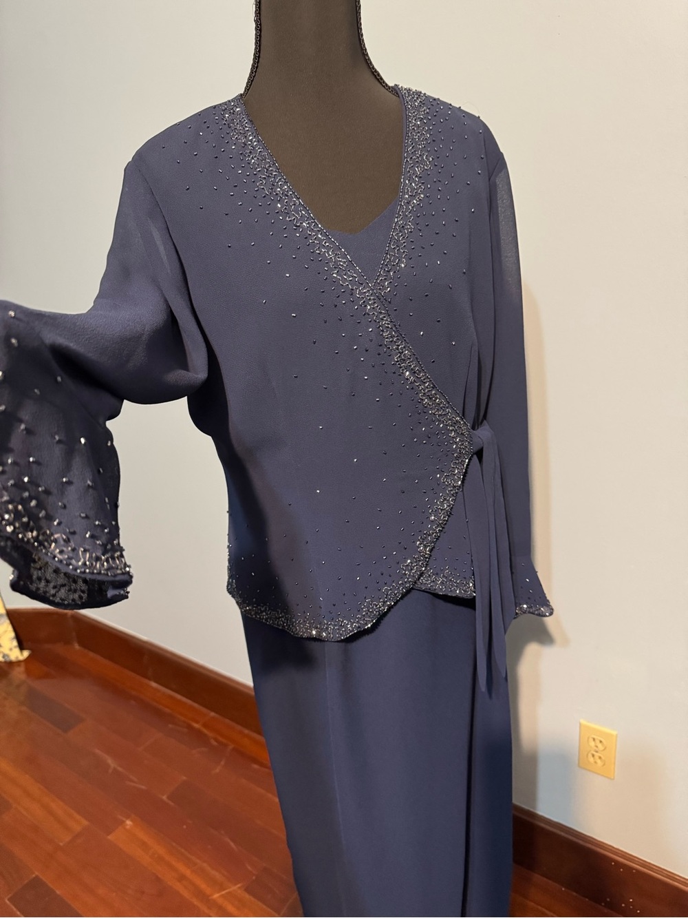 R&M Richards Navy Blue Maxi Dress with Beaded Wrap Jacket